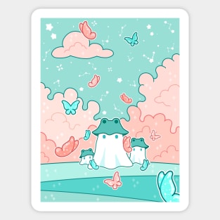 Three ghosts in frog hats in a butterfly field Sticker